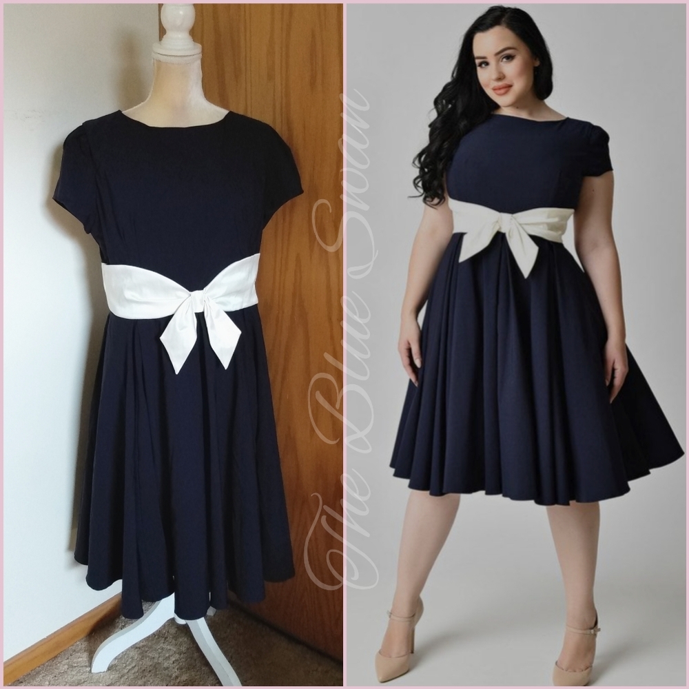 NWT The Pretty Dress Company Grace Navy Swing Cap Sleeve Cream Bow US20